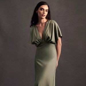 BHLDN Leila Deep-V Flutter-Sleeve Satin A-Line Gown in MOSS size 10